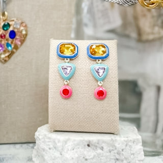 Gem Pop Drop Earrings with yellow, blue, and red geometric stones in a colorful modern design