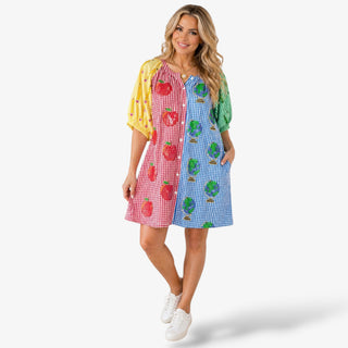 Queen of Sparkles Teacher Gingham Dress multicolor gingham apple and globe print front view teacher outfit