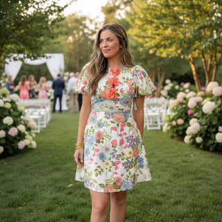 Floral rosette mini dress with puff sleeves and colorful floral print styled as a wedding guest dress front