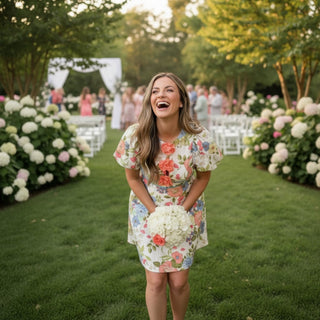 Floral rosette mini dress with statement rosette details and puff sleeves shown holding bridal bouquet front view