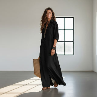 Black maxi shirt dress with relaxed fit and flowy silhouette full-length view