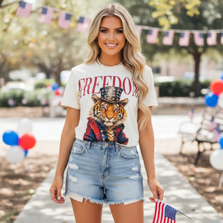 Patriotic rhinestone tiger tee with crystal embellished Freedom graphic and American flag artwork front view