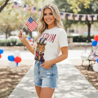 Patriotic rhinestone tiger tee featuring sparkling crystal tiger graphic and Freedom design lifestyle view