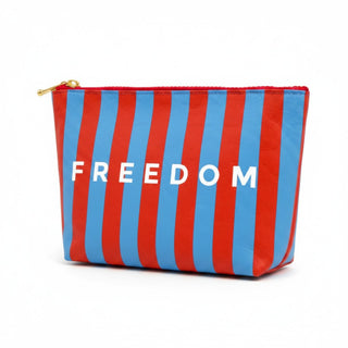 Freedom Tyvek cosmetic bag with patriotic stripe print angled product view