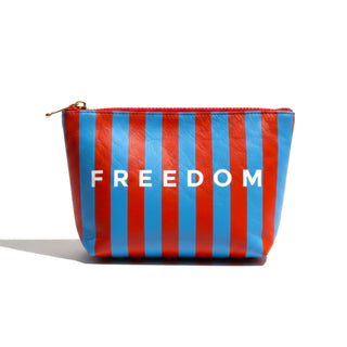 Freedom Tyvek cosmetic bag with red and blue stripe print front product view