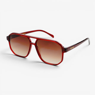 Dark Cherry aviator sunglasses with oversized aviator frame and gradient brown lenses angled side view