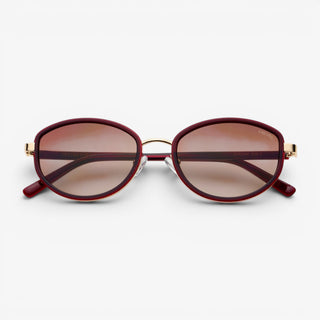 FREYRS Jordan oval sunglasses with burgundy frame and brown gradient lenses front view
