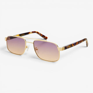 Gold aviator sunglasses with sunset gradient lenses and tortoise temple tips angled product view