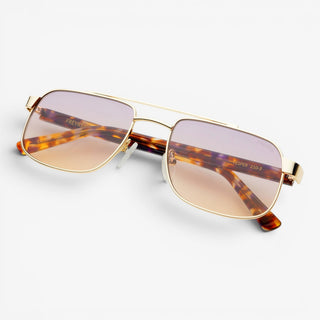 Freyrs Vesper sunglasses with gold and tortoiseshell frame with sunset-tinted lenses angled view