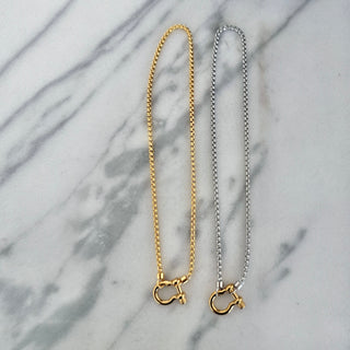 Gold and silver locket box chain necklaces with screw clasp detail