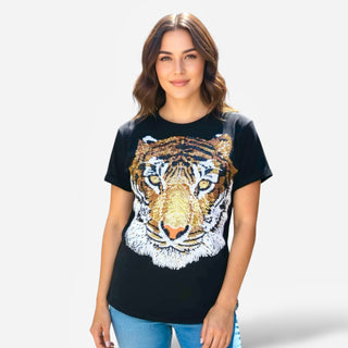 Full sequin tiger face on a black short sleeve tshirt 