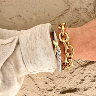 Gold Chunky Chain link bracelet stacked with silver cable bracelet and gold infinity design.