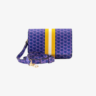 Purple handbag with yellow and white stripes on a white background