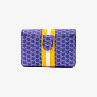 Back view of purple handbag with yellow and white stripes featuring magnetic closure and exterior phone pocket