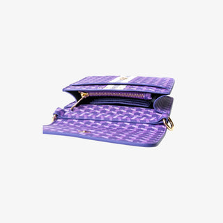 Inside view of Purple handbag showcasing card slots, zip pouch and extra pocket in a geometric pattern on a white background