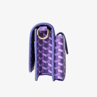 Side view of purple handbag with geometric print and structured silhouette 