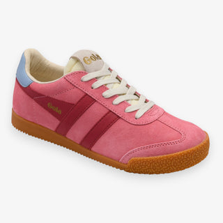 Gola Elan pink suede sneaker with tonal stripes, gum sole, and light blue heel tab  on a white background
