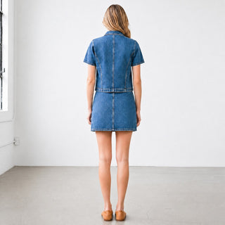 Button Detail Denim Top in blue denim with clean back design, back view styled with matching denim skirt