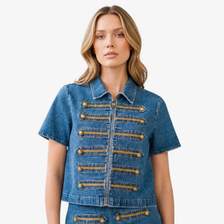 Button Detail Denim Top close-up showing gold braided trim, round button accents, collar, zipper and denim texture