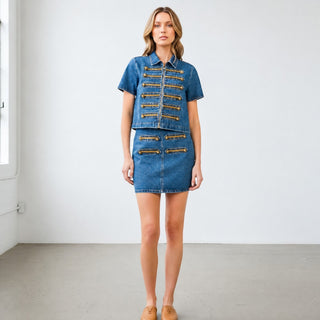 Button Detail Denim Top with gold braided trim and gold button accents, front view styled with matching denim skirt