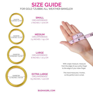 Size guide for Gold Tzubbie All Weather Bangle with hand measurement and product dimensions.