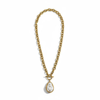 Pearl drop statement necklace featuring a chunky 18K gold plated chain and organic pearl pendant close-up front view