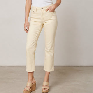 Women’s golden beige cropped straight leg jeans showing the high-rise waist, five-pocket design, and front fit.