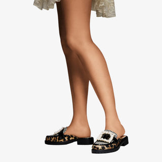 Betsey Johnson Grayce Mule in leopard with pearl buckle and crystal embellishments, a bold statement loafer with chunky black lug sole.