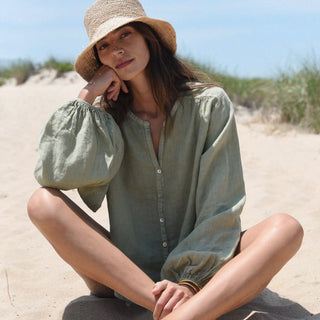     Sage green Italian linen blouse with balloon sleeves relaxed coastal outfit view
