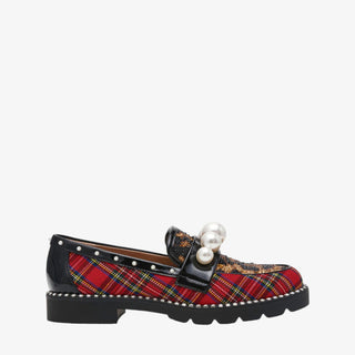 Betsey Johnson Harloe Loafer with plaid and leopard mix, pearl embellishments, and studded trim for a bold, statement-making look.
