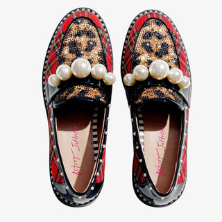 Betsey Johnson Harloe Loafer with plaid and leopard mix, pearl embellishments, and studded trim for a bold, statement-making look.