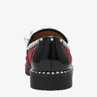 Betsey Johnson Harloe Loafer with plaid and leopard mix, pearl embellishments, and studded trim for a bold, statement-making look.