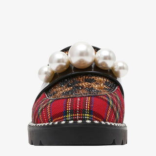Betsey Johnson Harloe Loafer with plaid and leopard mix, pearl embellishments, and studded trim for a bold, statement-making look.