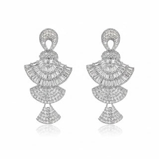 Harper CZ dangle earrings with cubic zirconia pave and baguette crystal accents, statement drop earrings, front product view on white background