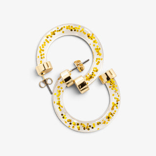 Hoo Hoops Gold Glitter Mini Hoop Earrings in clear acrylic with gold flakes and post-back closures, front product view.