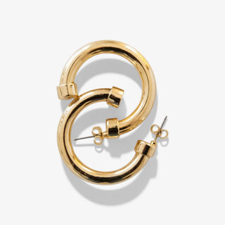 Hoo Hoops Gold Mini Hoop Earrings with polished gold finish and post-back closures, overlapping front product view.