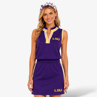 Brianna Cannon LSU Scuba Skort in purple with gold and white side stripes, elastic waist, front pockets, and gold LSU logo, front view