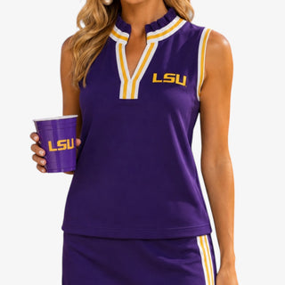 Brianna Cannon LSU Scuba Top in purple with gold and white striped trim, sleeveless split neckline, and embroidered LSU logo, front view