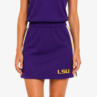 Brianna Cannon LSU Scuba Skort in purple with gold and white side stripes, elastic waist, front pockets, and gold LSU logo, front view