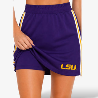 Brianna Cannon LSU Scuba Skort in purple with gold and white side stripes, elastic waist, front pockets, and gold LSU logo, front view