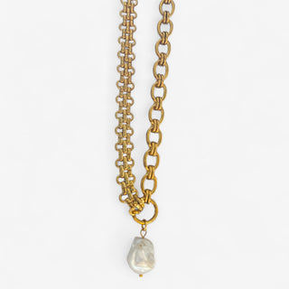 Thick gold link chain with pearl drop 