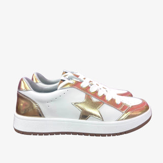 White sneakers with metallic gold star and gum sole