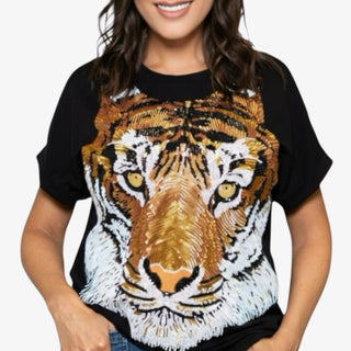 Fierce Tiger Sequin Tee black short sleeve with sequin embroidered tiger fac