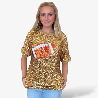 Gold sequin top with sequin football on front 