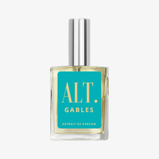 Perfume bottle with teal label and silver cap on a white background