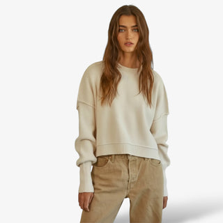 By Together neutral ribbed knit sweater on model