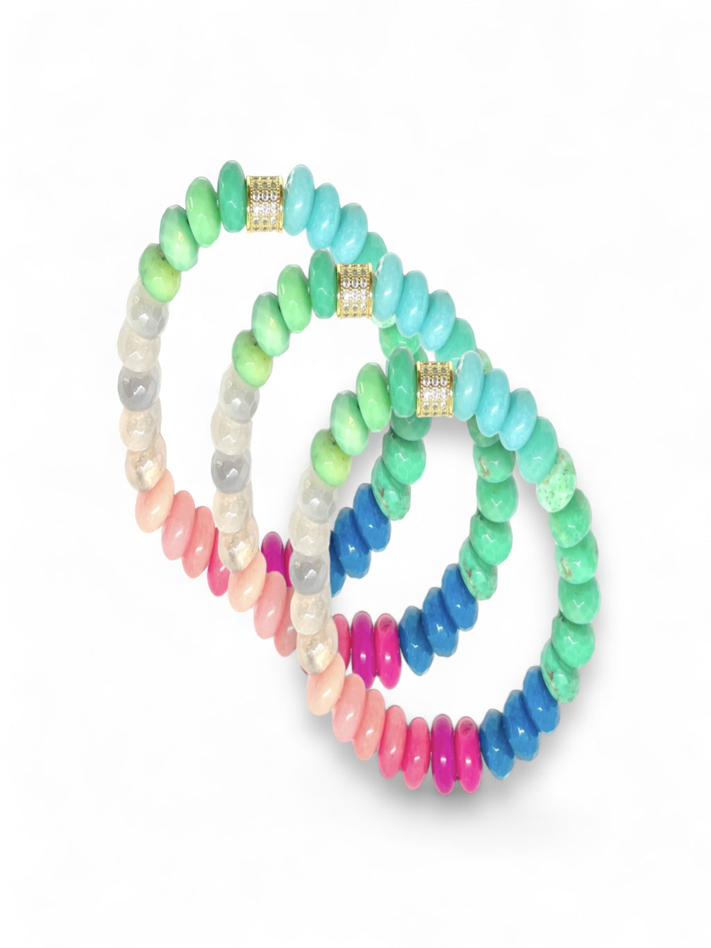 The Charlie Mimosa Bracelet has vibrant multi color gemstones in hues of green, blue, pink, peach, white and grey tones.
