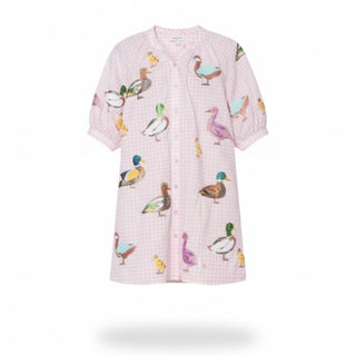 Pink checkered dress with colorful duck pattern on a white background