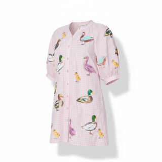 Pink checkered button up dress with sequin duck pattern on a white background