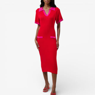 Red dress with pink accents worn by a model on a white background